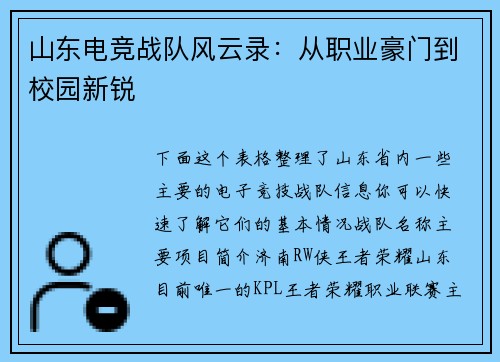 山东电竞战队风云录：从职业豪门到校园新锐