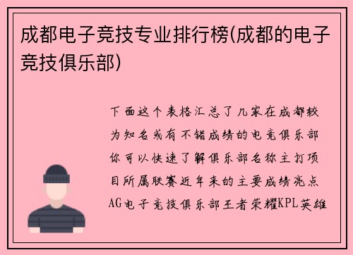 成都电子竞技专业排行榜(成都的电子竞技俱乐部)